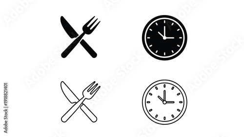 Fork knife clock dining time flat design vector illustration - Line and glyph icon set - Stickers and Clipart - PNG and SVG Icon collection - Lineal icons - Editable icon