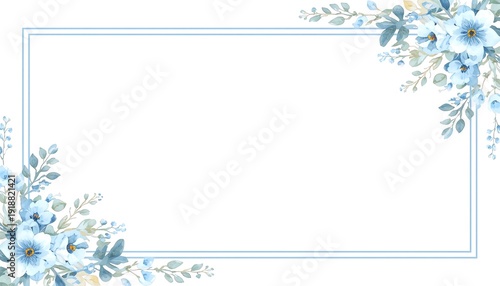 Beautiful watercolor floral border design featuring delicate blue flowers and elegant leaves framing a central white copy space for invitations or announcements