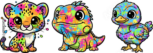 Wallpaper Mural Cute Colorful Splash Animals Set: Leopard, Lizard, Duck Torontodigital.ca