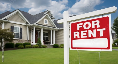 A house for rent with a red and white sign in the yard