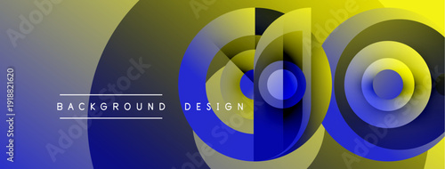 Abstract composition features layered circles, vibrant colors. Gradient transitions create depth, modern aesthetic. Text labels background, design.
