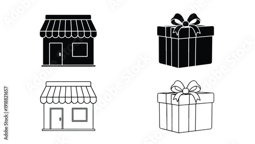 shop gift box store vector icon set flat design illustration - Line and glyph icon set - Stickers and Clipart - PNG and SVG Icon collection - Lineal icons - Editable icon