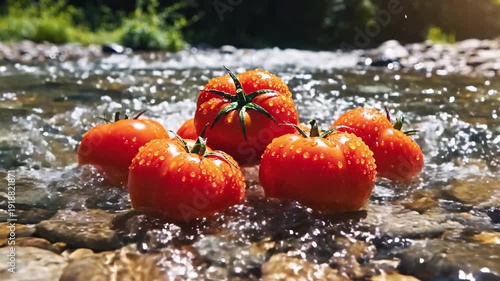Ripe Red Tomatoes Tumbled Freshly in a Clear Flowing Stream