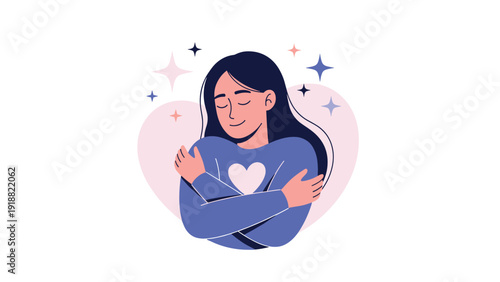Peaceful woman hugging herself with a white heart symbol on her chest representing self-care, mental health, and self-love concepts.