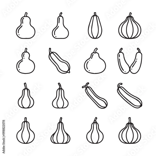 Gourd Varieties Collection Outline Icons Vegetables and Fruits Set