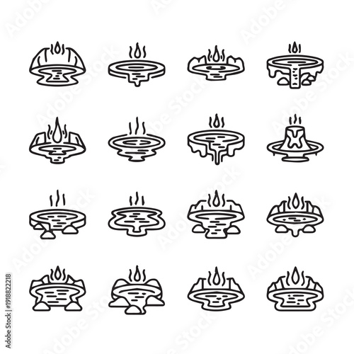 Hot Springs and Geysers Icons Set Natural Thermal Pools and Volcanic Activity Vector Graphics