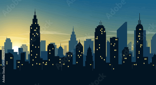 City skyline at sunset, modern urban landscape
