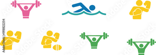 Modern flat fitness sport icons set with weightlifting swimming boxing and gym training colorful vector illustration collection