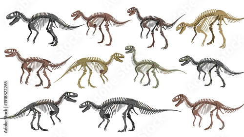 Educational collection of various dinosaur skeleton silhouettes in different poses and earthy colors isolated on a white background.