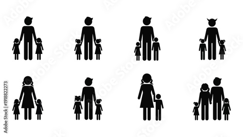Diverse family figures in various compositions and relationships isolated on white background, Vector