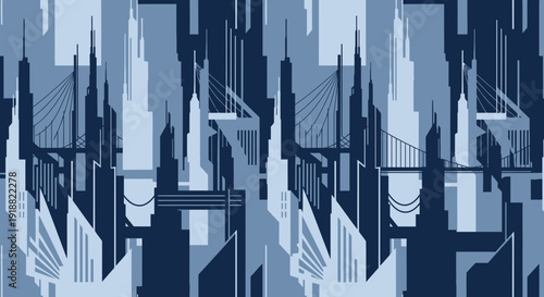 cityscape background, blue tones, geometric shapes