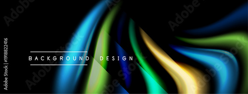 Abstract fluid shapes, vibrant colors blend against black backdrop. Modern design element, dynamic curves create visual interest.