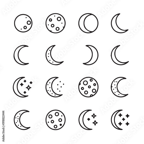 Moon Phases Icons Collection Celestial Bodies Crescent and Full Moon Symbols Stock Graphics