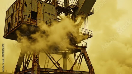Weathered industrial crane emits smoke against a smoggy, overcast sky evoking a sense of decay and industrial history.