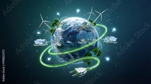Glowing Earth globe surrounded by renewable energy symbols and green technology