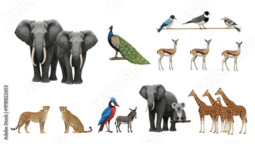 Large collection of African wildlife animals including elephants, giraffes, cheetahs, gazelles, birds, and a koala on a white background.