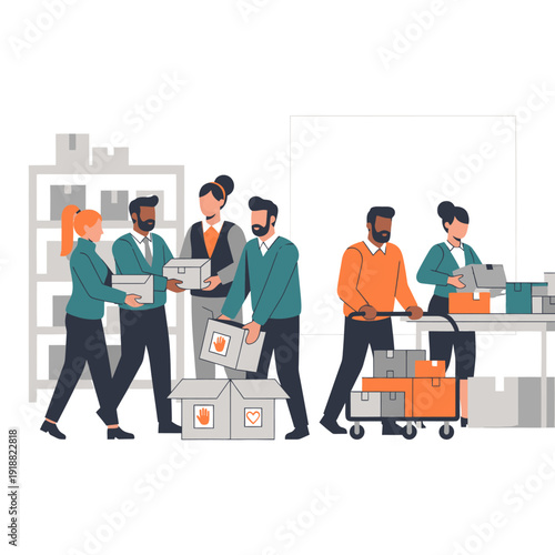 Diverse warehouse workers handling boxes.