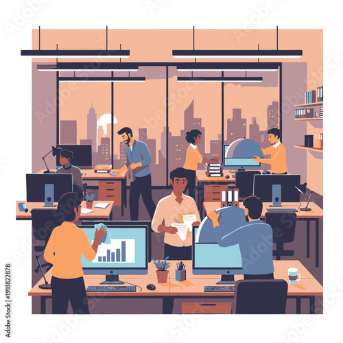 office workers collaborating in modern workspace.