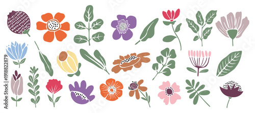 Collection of stylized flat flowers and leaves arranged on white, featuring muted pastels, earthy tones, and graphic shapes in a balanced decorative botanical composition.