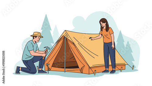 Young man and woman working together to set up a camping tent in a forest clearing for an outdoor adventure and nature getaway.