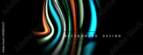 Abstract flowing lines create vibrant background. Colors blend, forming dynamic shapes against dark space. Modern design element.
