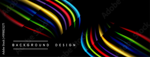 Abstract colorful lines form dynamic shapes against black background. Modern design element, vibrant, sleek presentation.