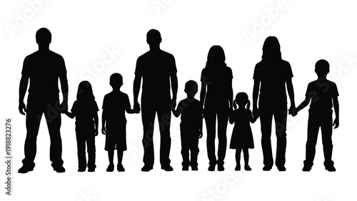 A diverse family of seven individuals standing together in silhouette form. isolated on white background, Vector