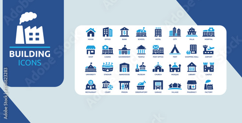 Building and Architecture Icon Set Blue City House Office School Hospital Airport Landmark Symbols