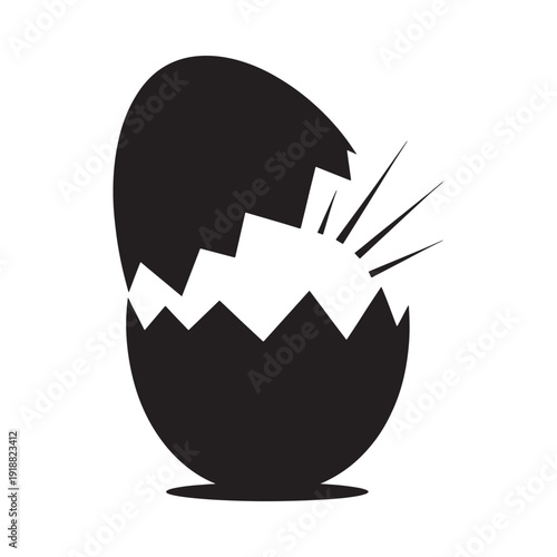 A black and white illustration of a cracked egg with radiating lines