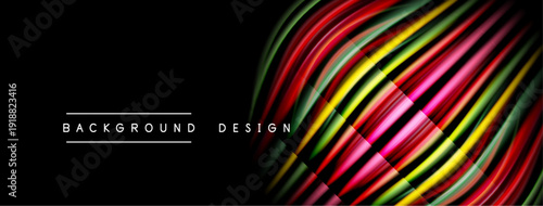 Abstract colorful lines create dynamic wave pattern. Black background emphasizes vibrant design elements. Modern aesthetic.