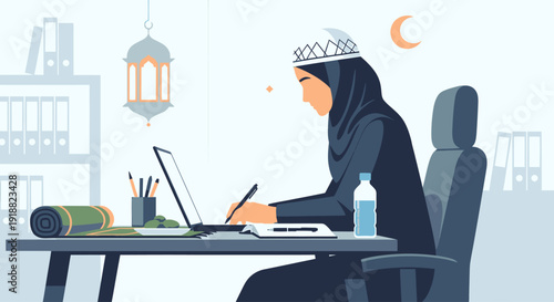 woman in hijab working on laptop at desk.