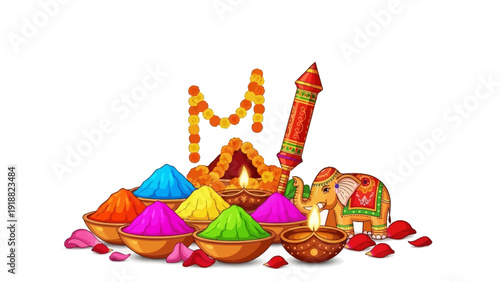 Vibrant Holi celebration elements including colorful powders and traditional items arranged on plates
