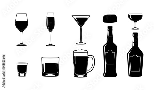Alcohol Cocktail Glass Silhouette Set with Wine and Beer Glasses