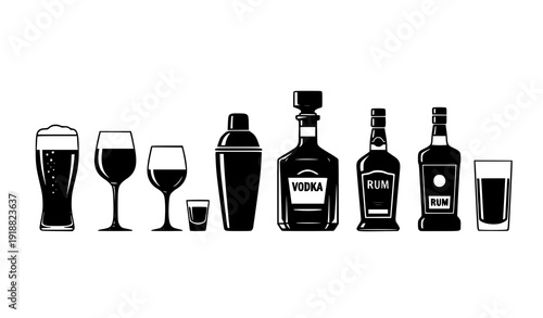 Black Barware and Alcohol Bottle Silhouette Vector Collection