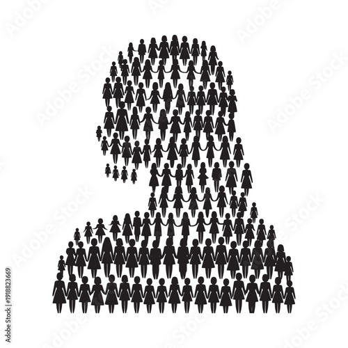 A large group of people forms the silhouette of a human head and shoulders