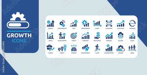 Business Growth and Performance Icon Set Blue Development Target Earnings Investment Success Progress Symbols