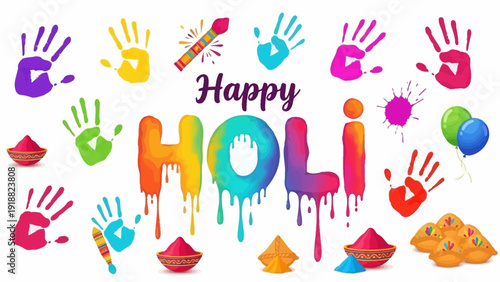 Vibrant Holi celebration with colorful powder and handprints surrounding joyful text