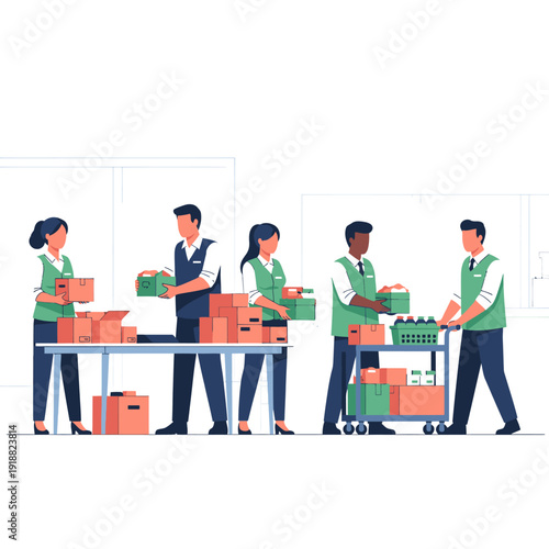 Warehouse workers handling boxes and packages.