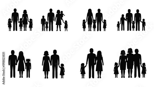 Diverse silhouettes of families and groups of people in various compositions and sizes. isolated on white background, Vector