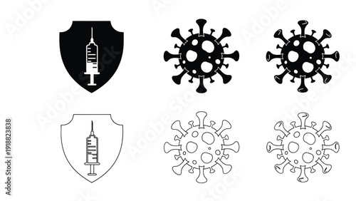 Vaccine virus protection shield vector icon set flat design - Line and glyph icon set - Stickers and Clipart - PNG and SVG Icon collection - Lineal icons - Editable icon