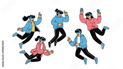 Group of diverse people floating in the air while wearing virtual reality headsets and interacting with a digital metaverse world.