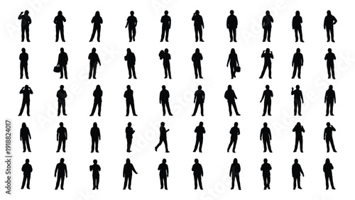 Silhouettes of people in various poses on a white background isolated on white background, Vector