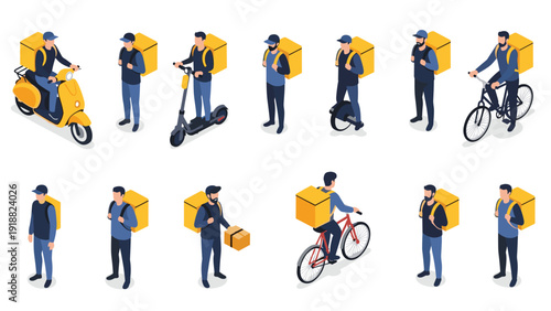 Isometric set of delivery couriers using different modes of transport including scooters, bicycles, and walking with yellow boxes.