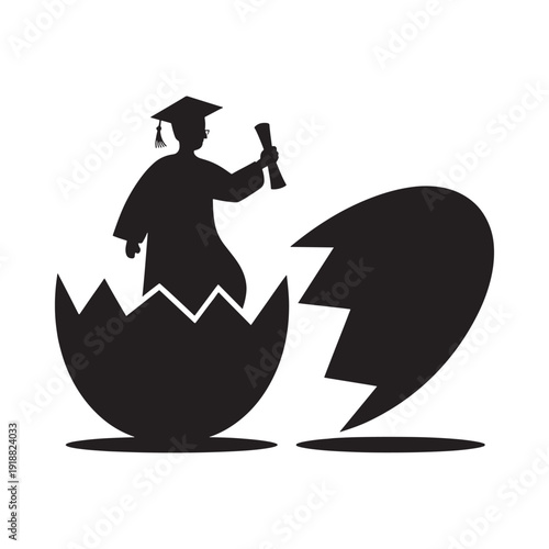 Graduation silhouette emerging from a cracked eggshell symbolizing new beginnings