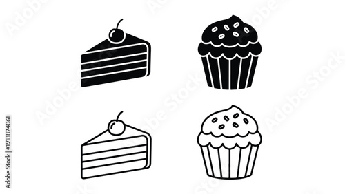 chocolate cake cupcake icon set flat design vector illustration - Line and glyph icon set - Stickers and Clipart - PNG and SVG Icon collection - Lineal icons - Editable icon
