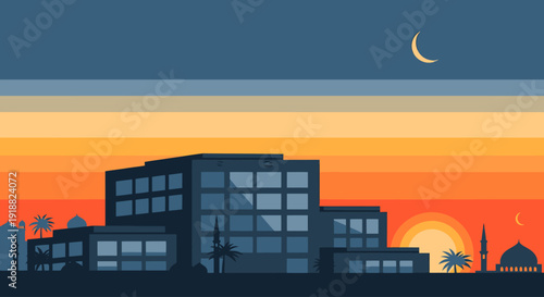 City skyline at sunset with buildings.