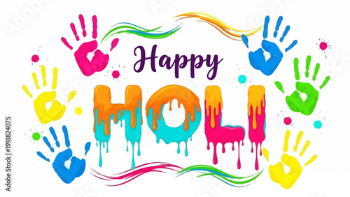 Vibrant Holi Celebration with Colorful Paints and Handprints in Joyful Atmosphere