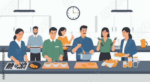 Diverse group of people cooking together.