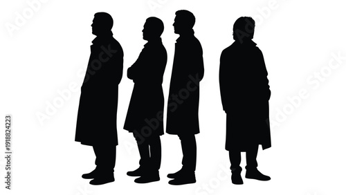 Silhouette of four individuals standing together in a line isolated on white background, Vector