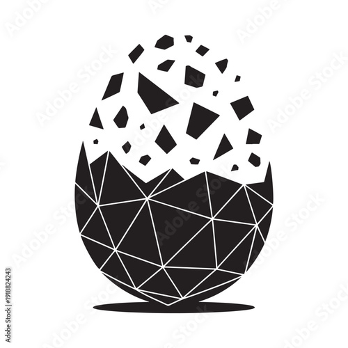 Abstract black and white illustration of a fractured eggshell with geometric shapes